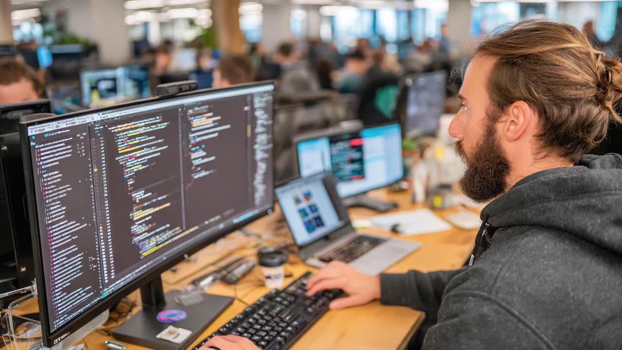 Fokusert programmerer konsentrerer seg om kompleks kode i et samarbeidsvillig arbeidsområde, omgitt av andre utviklere på jobb i et moderne kontormiljø