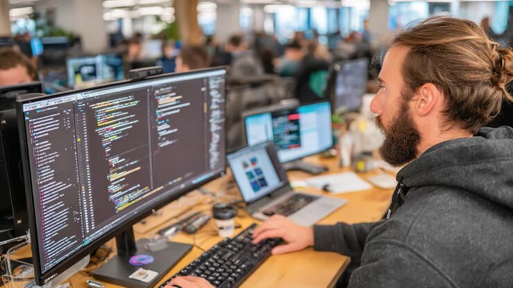 Focused Programmer Concentrates on Complex Code in a Collaborative Workspace, Surrounded by Other Developers at Work in a Modern Office Environment