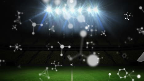 스포츠 경기장의 유리 벽을  ⁇ 고 축구 위에 떠다니는 네트워크의 애니메이션