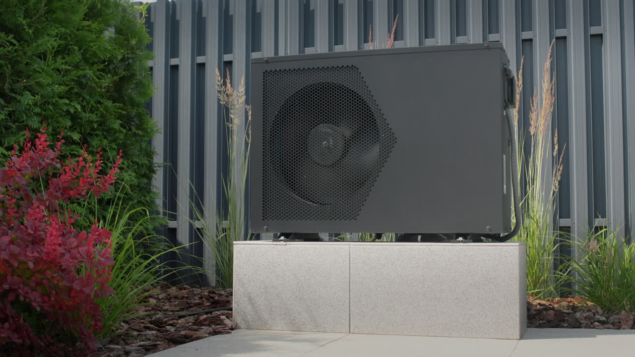 The heat pump for heating the pool is mounted on site. Ornamental plants nearby. Energy Saving Technologies