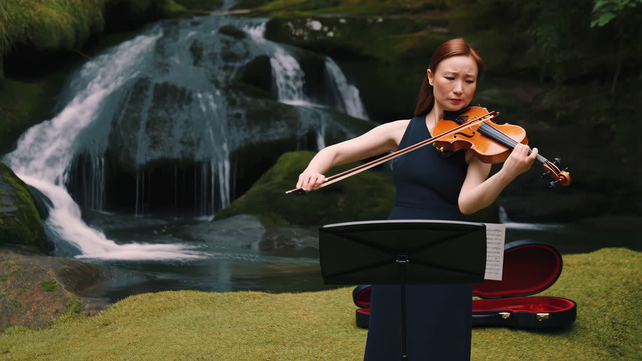 Woman Playing Violin by a Waterfall