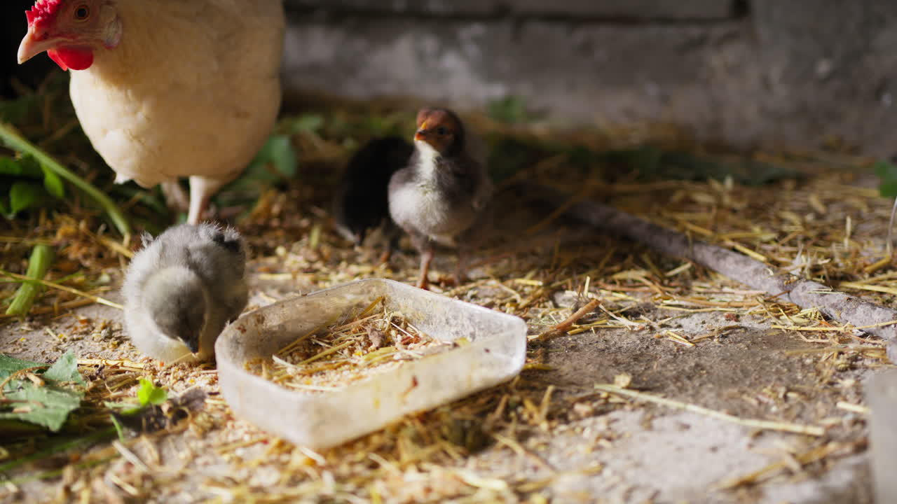 Henne mit Küken, die Futter fressen und im Frühling in der Region Sizilien trinken