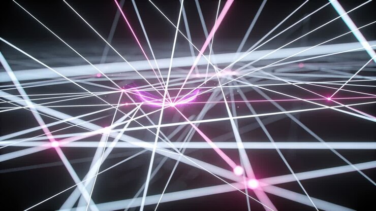 Video verticale: Un grappolo centrale luminoso emette scie rosa mentre la telecamera si muove, con la griglia tecnologica che si concentra