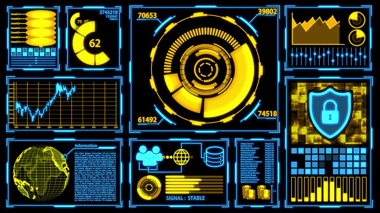데이터 전송 및 디지털 변환 화면, 노란색-푸른색 테마의 세부 사항