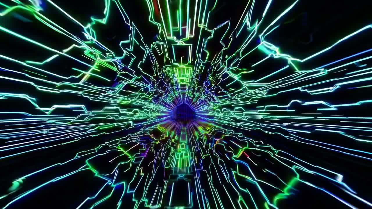 Dynamic abstract visual sequence showcasing vibrant electric patterns and flowing lines, creating a mesmerizing tunnel effect with a sense of depth and motion