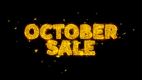 october sale text sparks particles on black background.