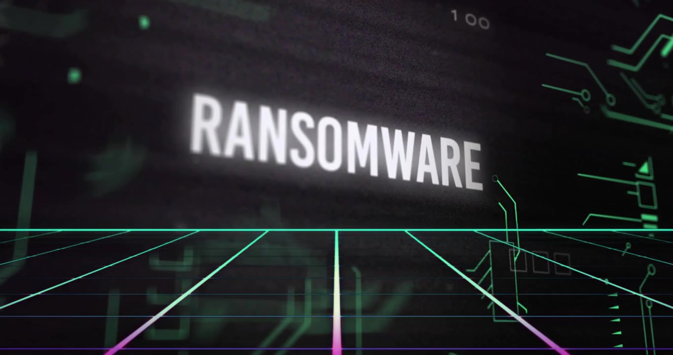 Glitching partial RAA into full RANSOMWARE text, pulsing scanning lines and circuits over neon grid