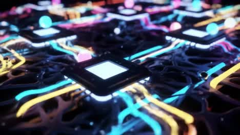 A mesmerizing display showcases colorful circuitry patterns illuminated by neon lights. The scene captures the fusion of technology and art in a dynamic environment, attracting viewers' attention.