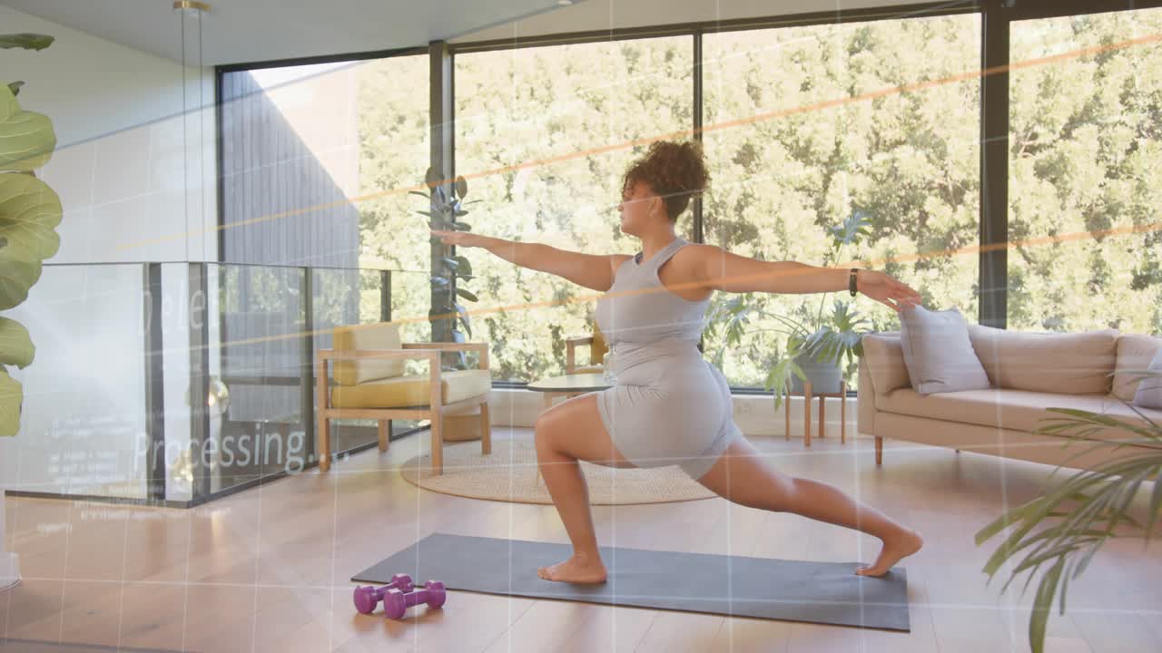 Woman starting down dog, moving into lunge and holding warrior for fitness with UI bars overlaying