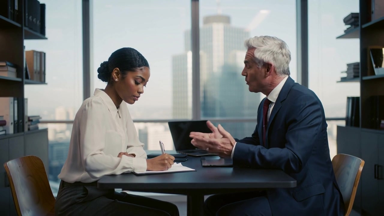 Initiating dark-suit man gesturing, white-blouse woman noting at round table in office, laptop
