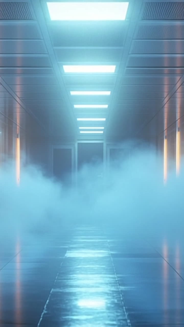 Modern hallway shrouded in fog at night. A futuristic hallway dimly lit with neon lights and enveloped in fog creates a mysterious atmosphere.