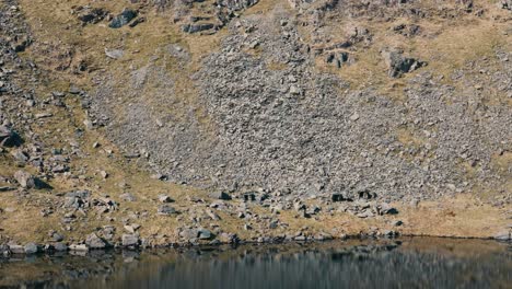 drone rises over lake and hills in english countryside in bright sunlight, shimmering reflections in water
