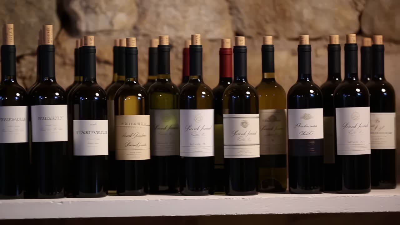 A collection of various wine bottles displayed on a rustic shelf