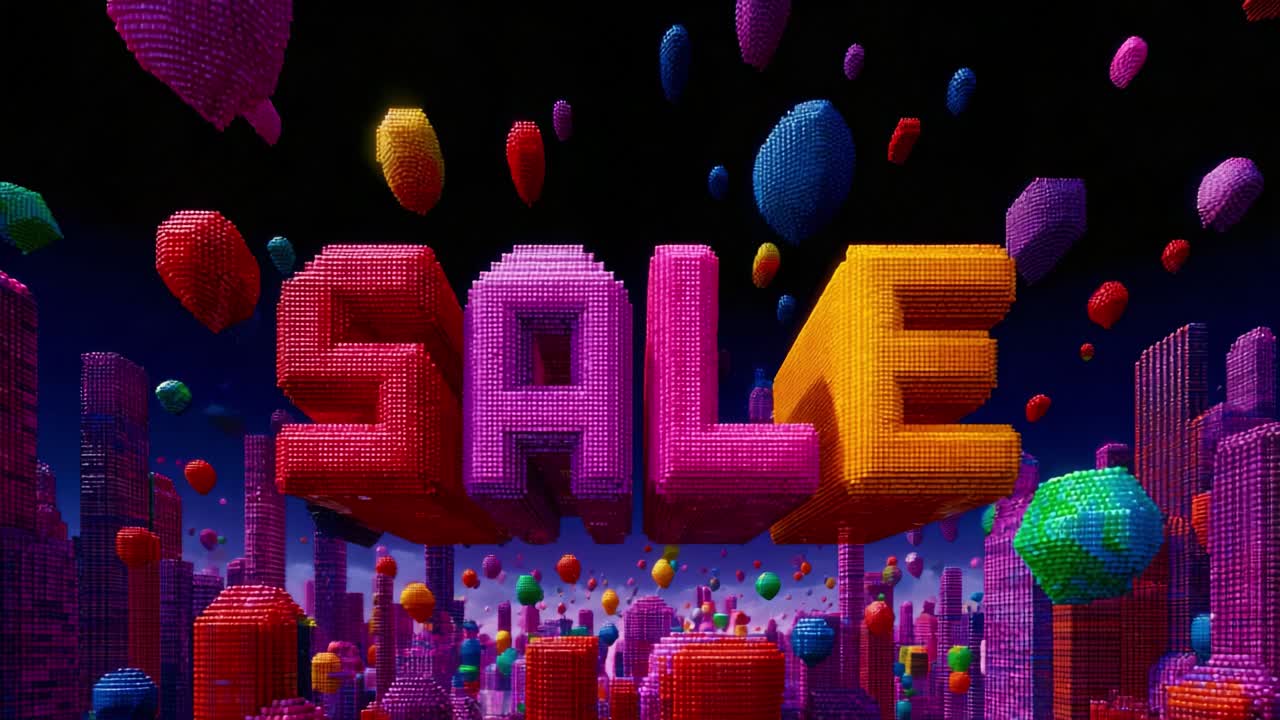 Vibrant Animated Sale Promotion Featuring Colorful Pixelated Text with Dynamic Background of Floating Shapes, Perfect for Attracting Customers to Special Offers and Discounts