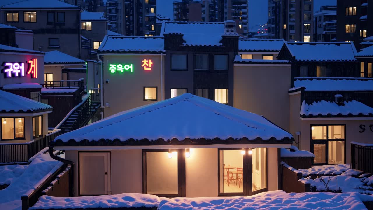 Snow-covered rooftops illuminated at night, showcasing a cozy scene with warm lights and colorful signage, creating a serene winter atmosphere in an urban setting