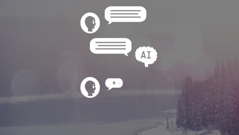 chat bubbles and ai brain animation over winter landscape with snow-covered trees