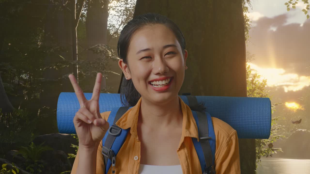 Happy Woman Hiking in the Woods