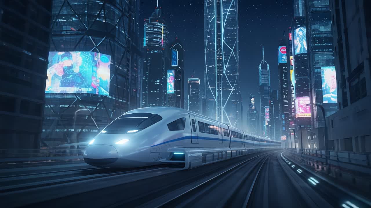 A futuristic high-speed train travels through a neon-lit cityscape at night, showcasing sleek design amid towering skyscrapers and vibrant advertisements