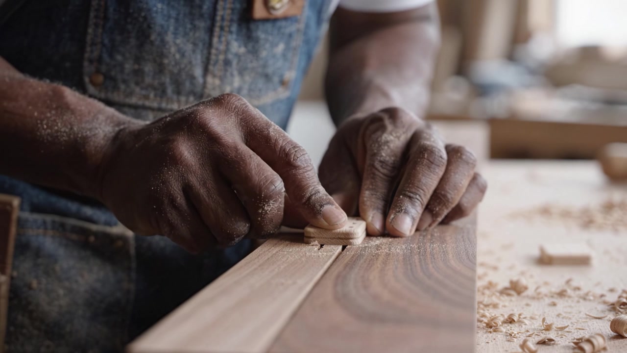 Craftsman Sanding Wood with Expertise, Focused on Perfecting Surface Texture for Fine Carpentry Projects in a Rustic Workshop Setting