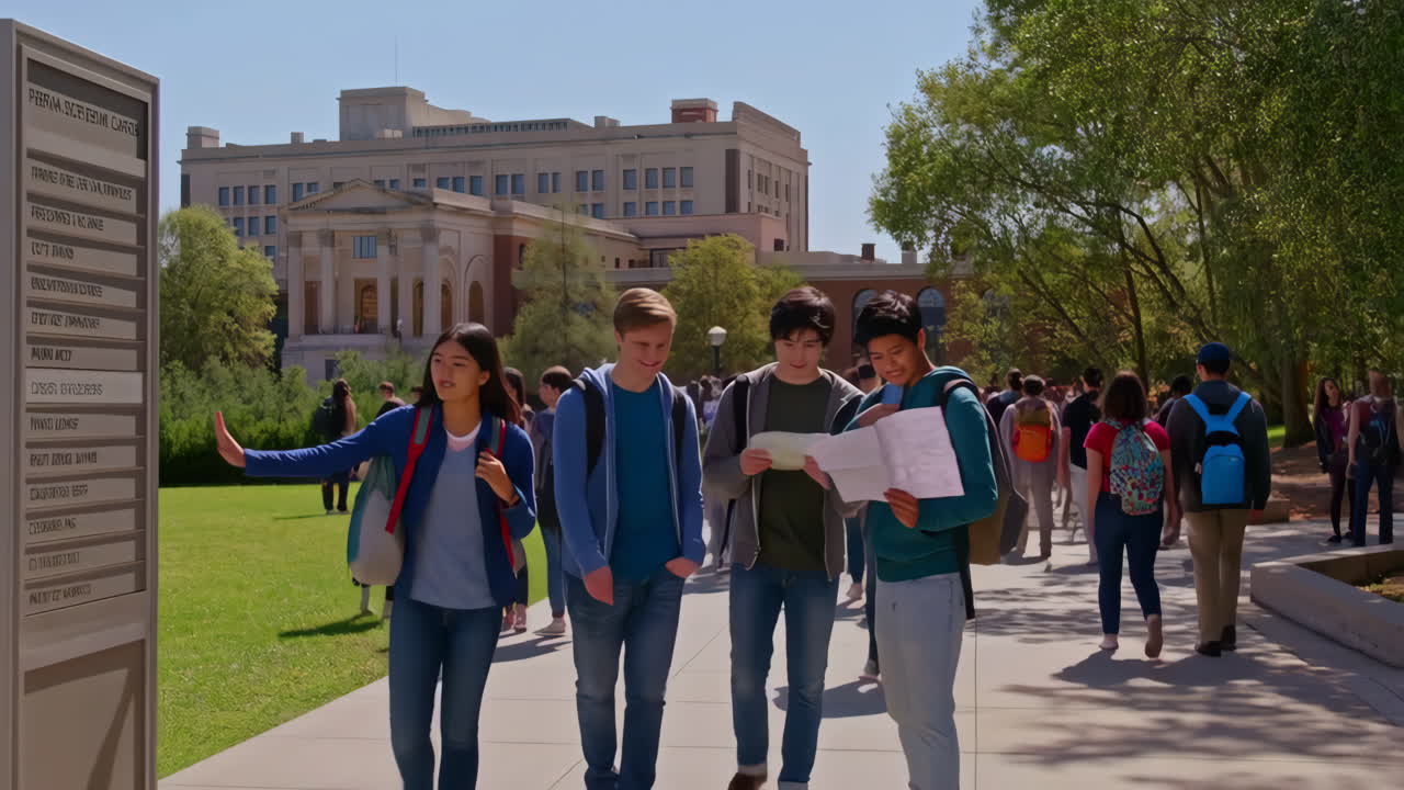 Students walking on a university campus while looking at maps