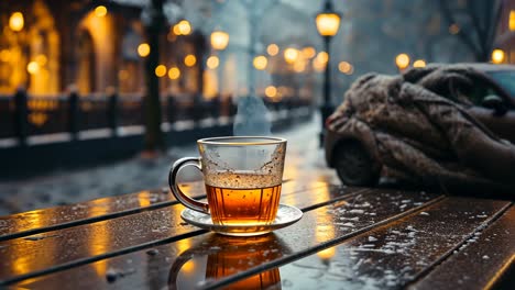 warm tea on a rainy evening in a charming city cafe