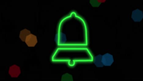 animación de campana de neón y luces de hadas de navidad parpadeando sobre un fondo negro