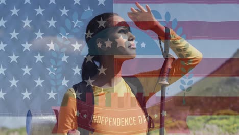 Animation-of-independence-day-text-over-biracial-woman-looking-away-in-mountains