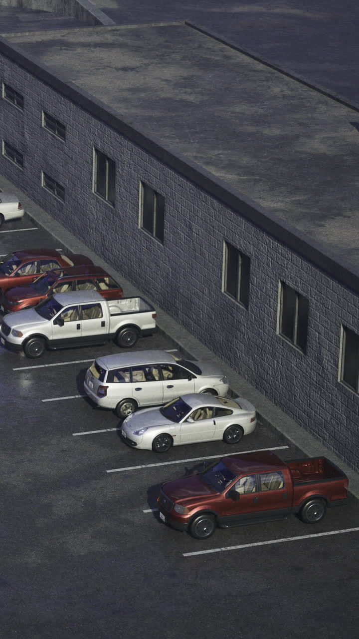 Biler parkeret ved siden af en murstensbygning på en parkeringsplads om dagen.