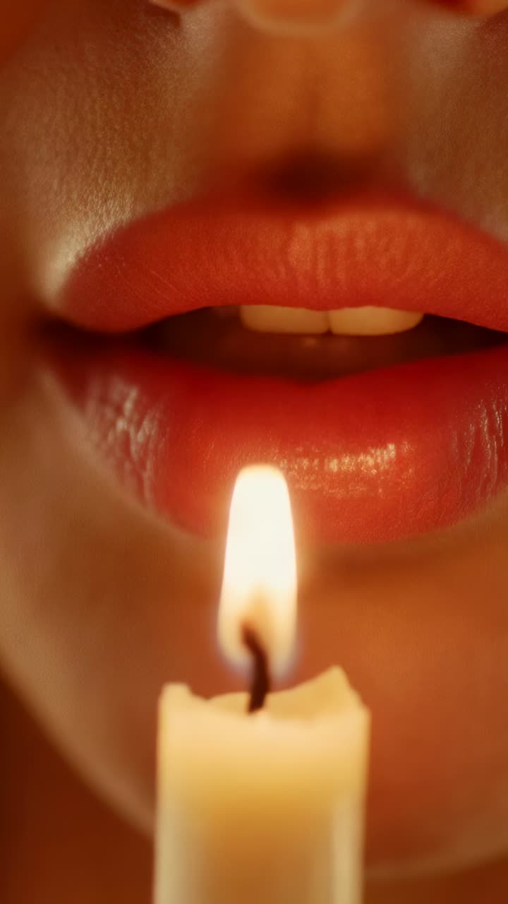 Vertical video: Pursing female lips exhaling in dim studio, blowing out candle and raising smoke