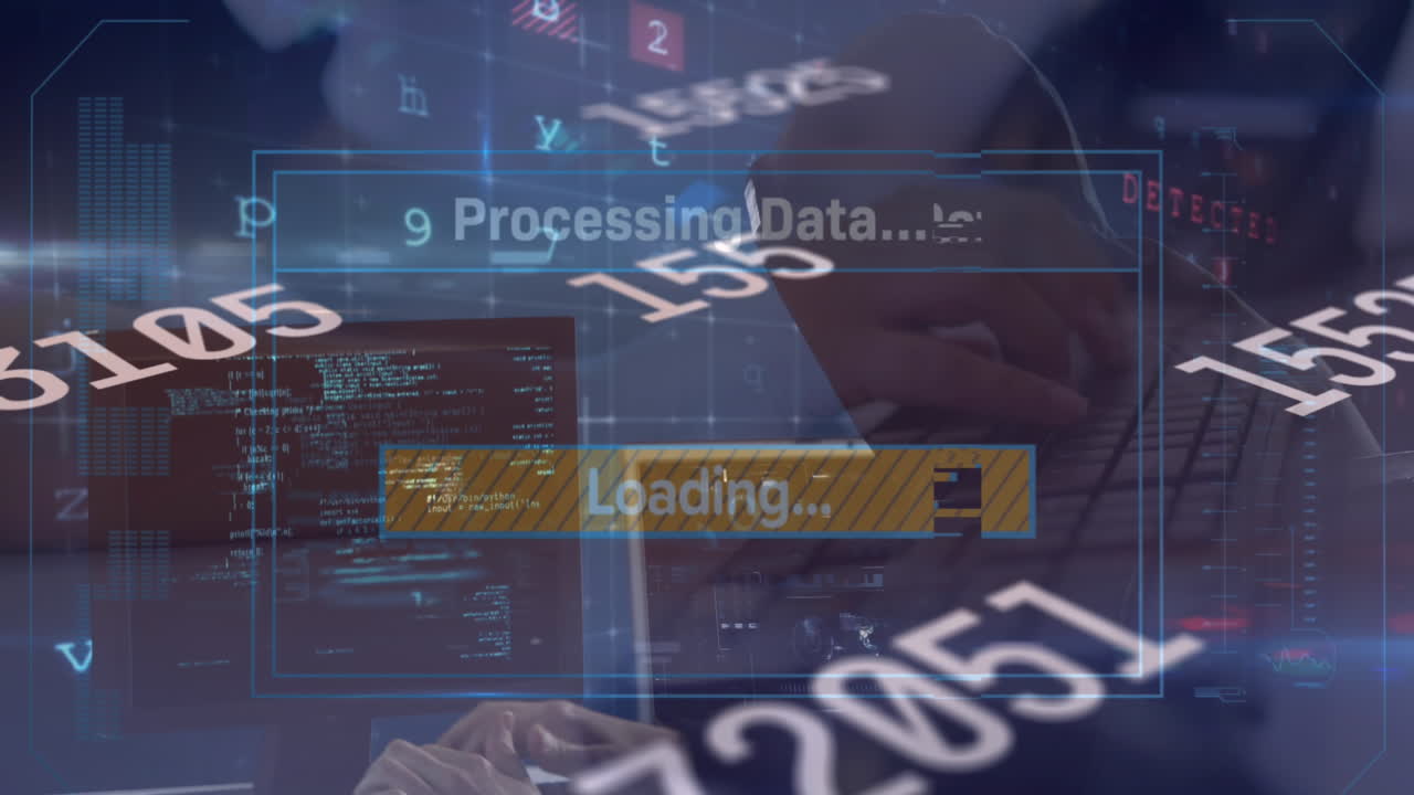 Animation of data processing over caucasian male hacker using computer