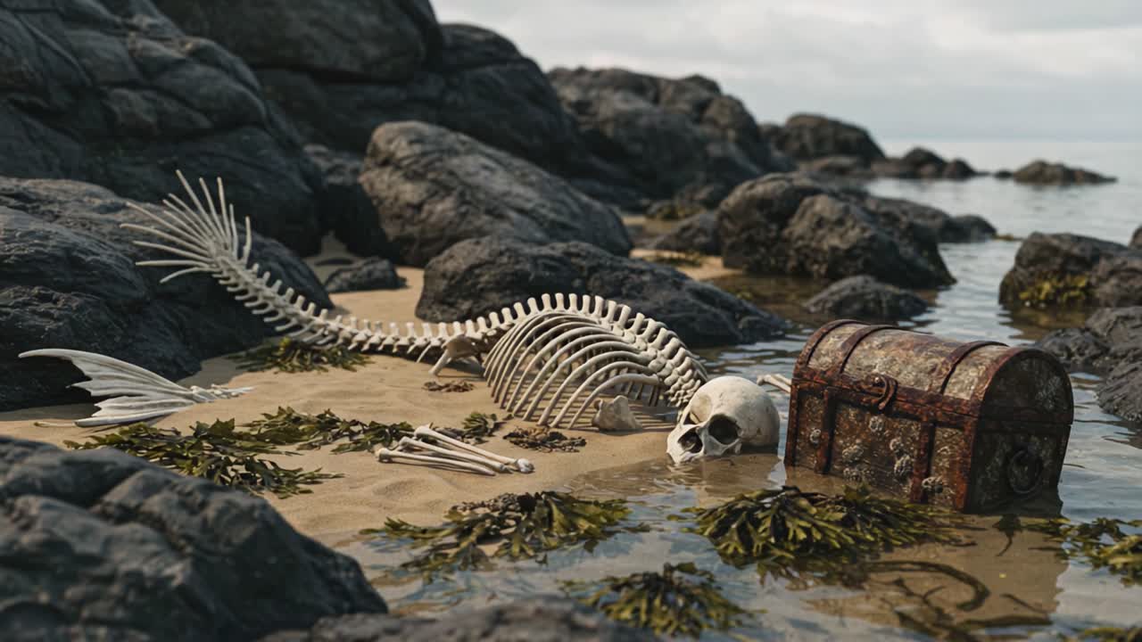 A Mysterious Discovery on the Shore: An Ancient Mermaid Skeleton and a Treasure Chest Amongst Rocky Beaches and Seaweeds