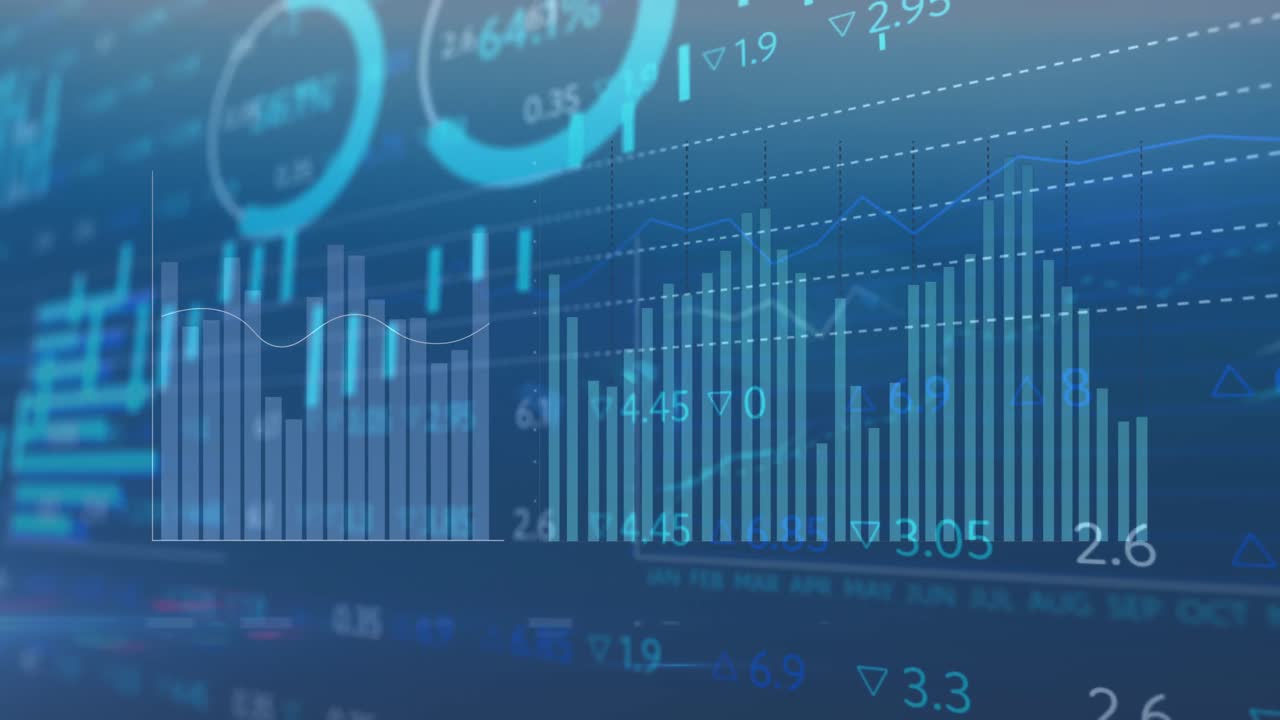 animación de diversos gráficos y datos financieros en fondo azul