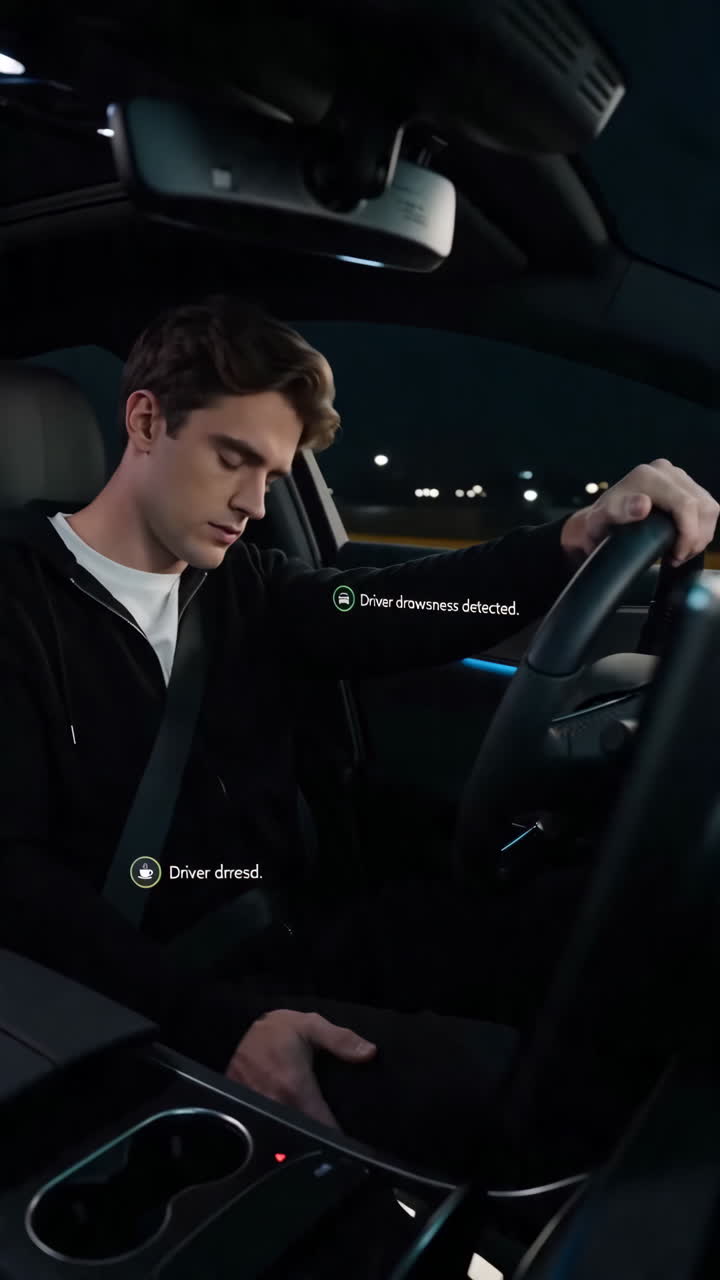 Night Dashboard Screen Shows Driver Drowsiness White Male Rideshare Driver Nods Off During Latenight Commute