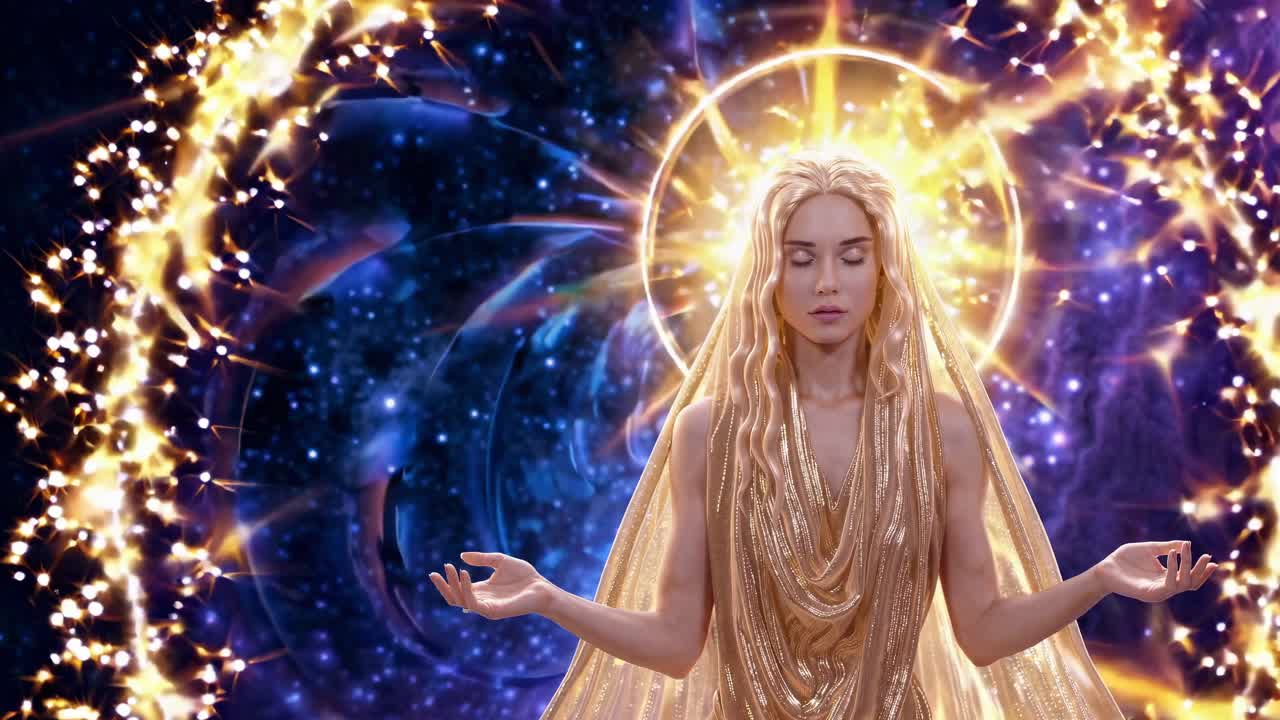 Blond woman meditating with closed eyes and golden halo, surrounded by cosmic energy, stars and nebulae, with open hands and golden dress, in a spiritual and mystical atmosphere