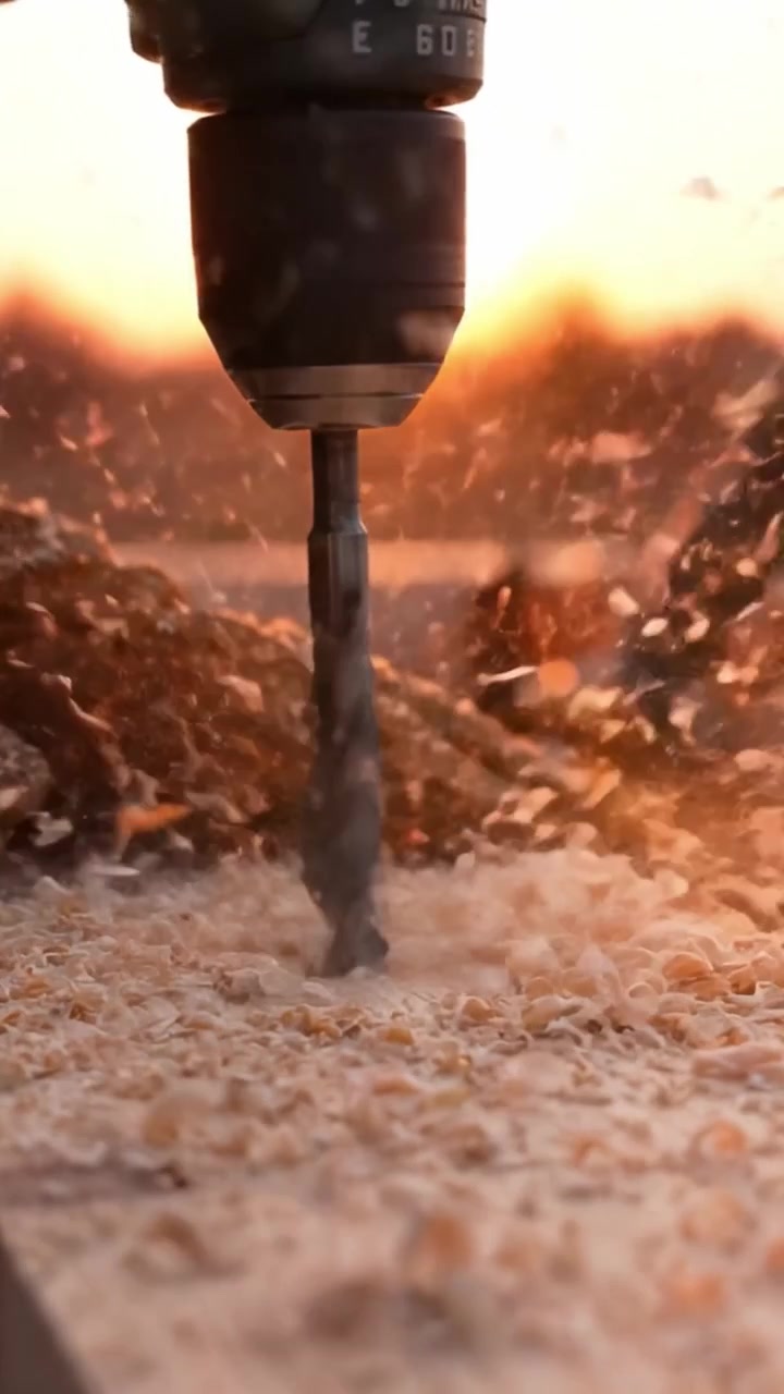 Una Impresionante Escena Vespertina de un Taladro en Acción, Destacando la Artesanía Mientras Atraviesa la Madera, Capturando el Cálido Resplandor del Sol Poniente