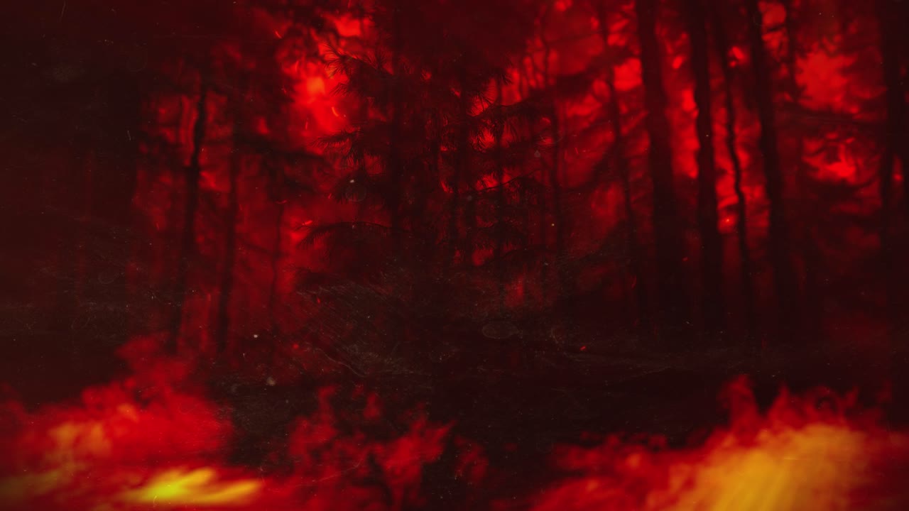 Inferno in the Forest: Trees Consumed by Flames and Shrouded in Thick, Rolling Smoke