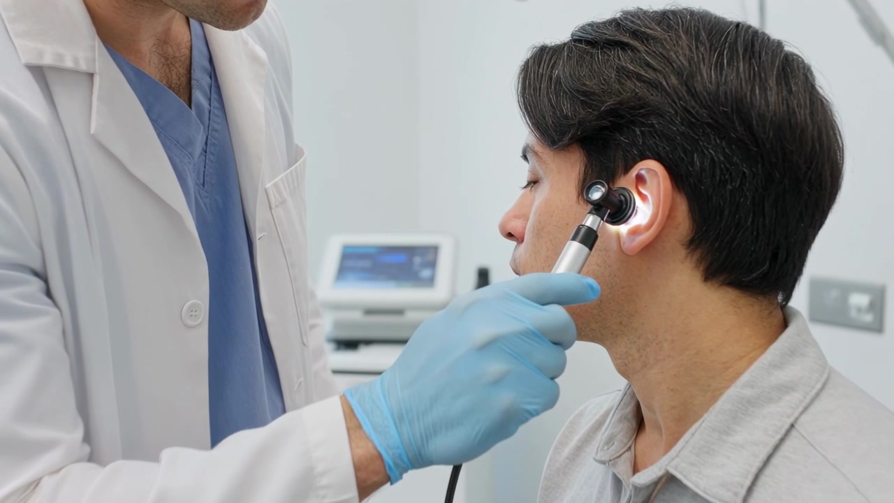 Accensione della luce dell'otoscopio, clinico in camice bianco e divisa blu che ispeziona l'orecchio destro in clinica