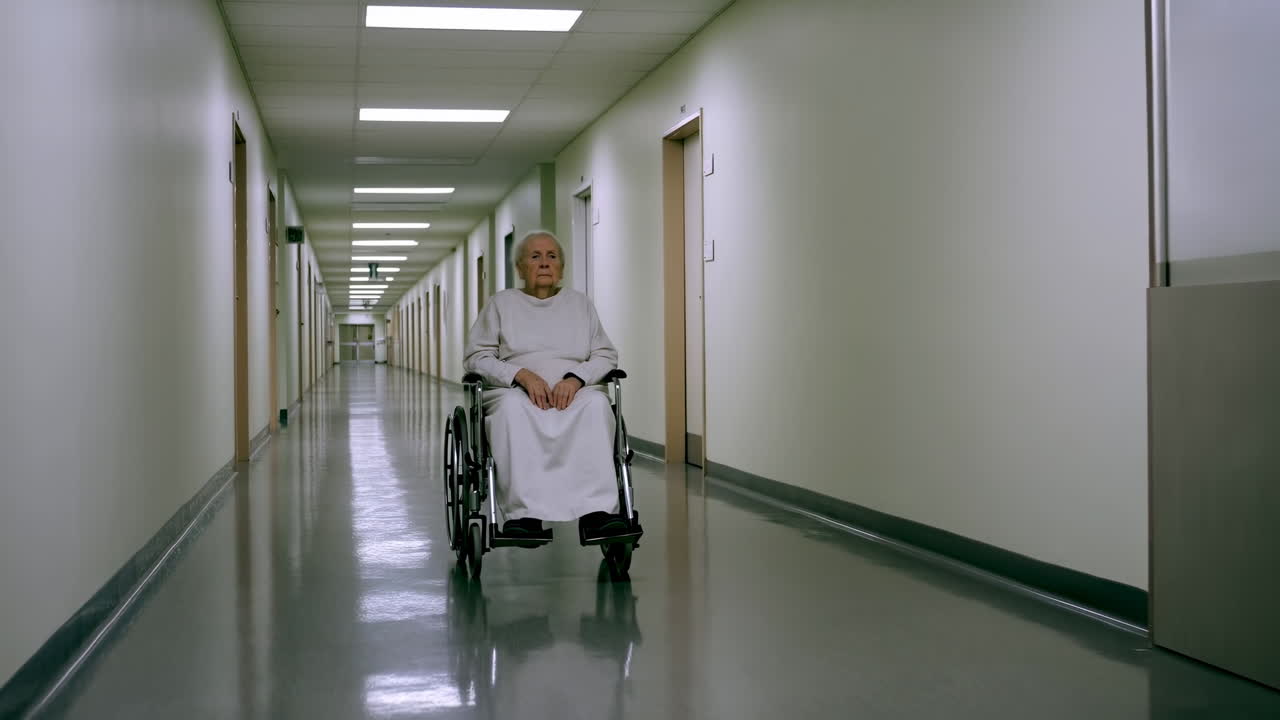 Ältere Patientin sitzt allein im Rollstuhl im Krankenhausflur