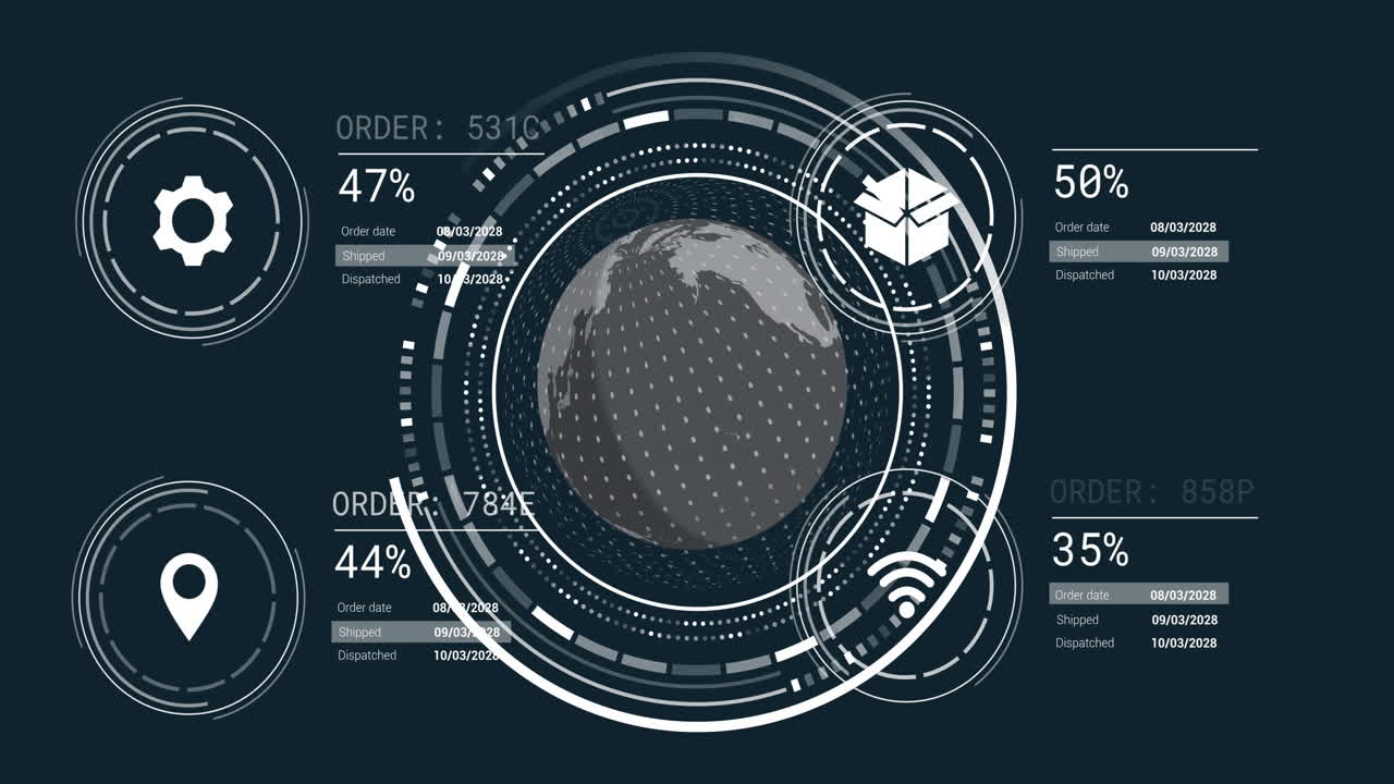 Animation of globe with data processing over dark background