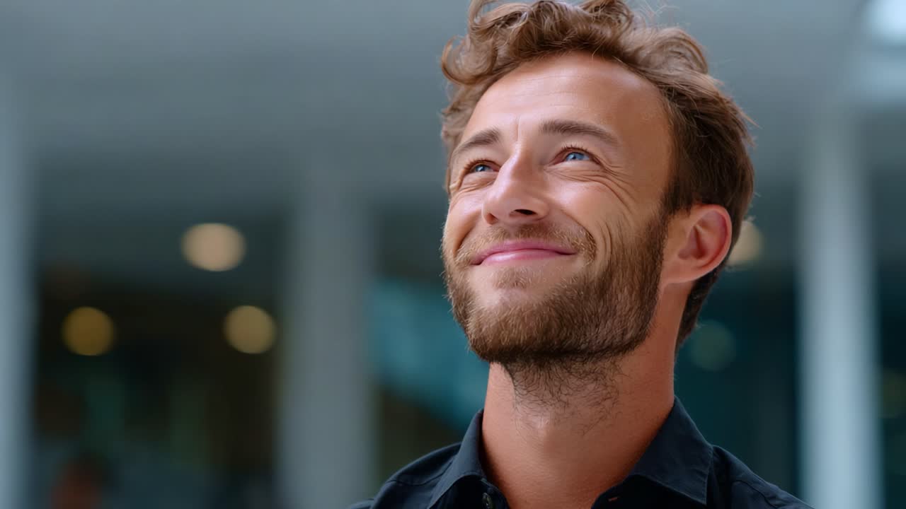 A man with a bright smile, gazing upward with joy and positivity, symbolizing hope and ambition in a modern, softly lit environment