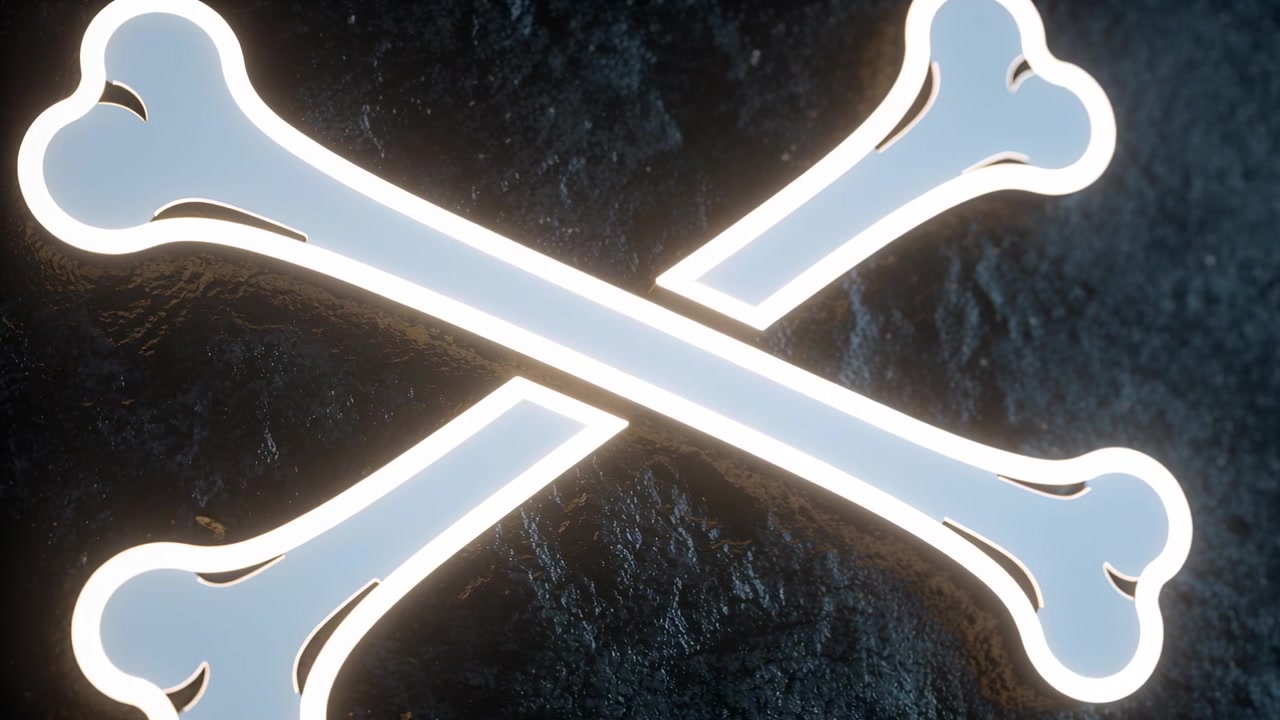 Lighting intensifying, backlit crossbones emblem rotating and glowing over dark textured surface