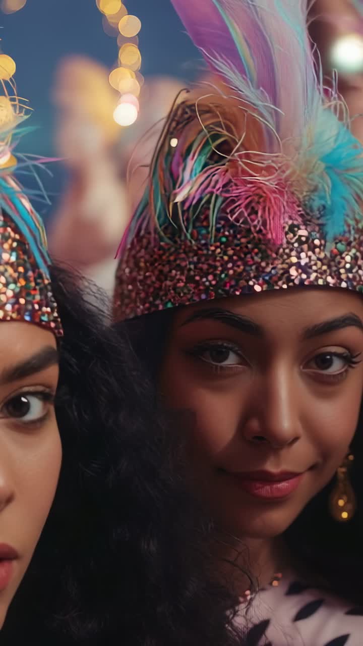 Vertical video: Pulling back camera revealing two women wearing headbands at party, with lights