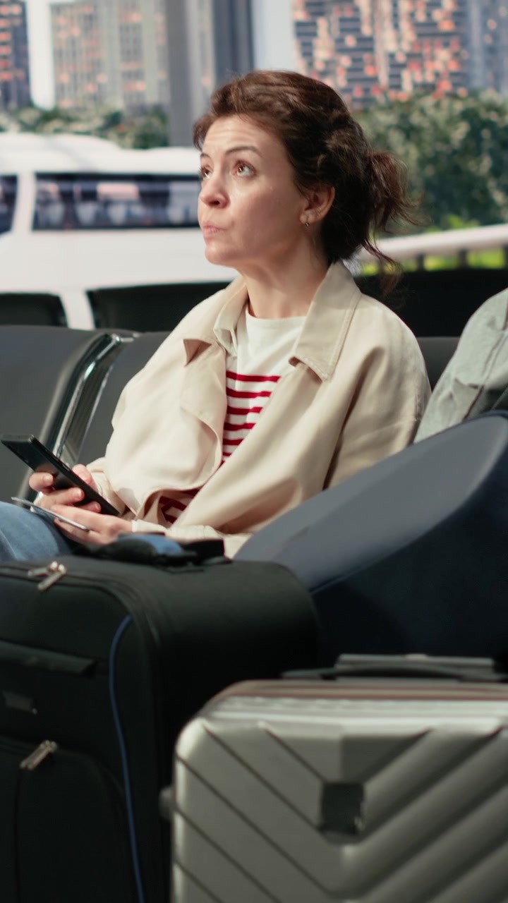 Mujer esperando en la terminal del aeropuerto usando un smartphone.