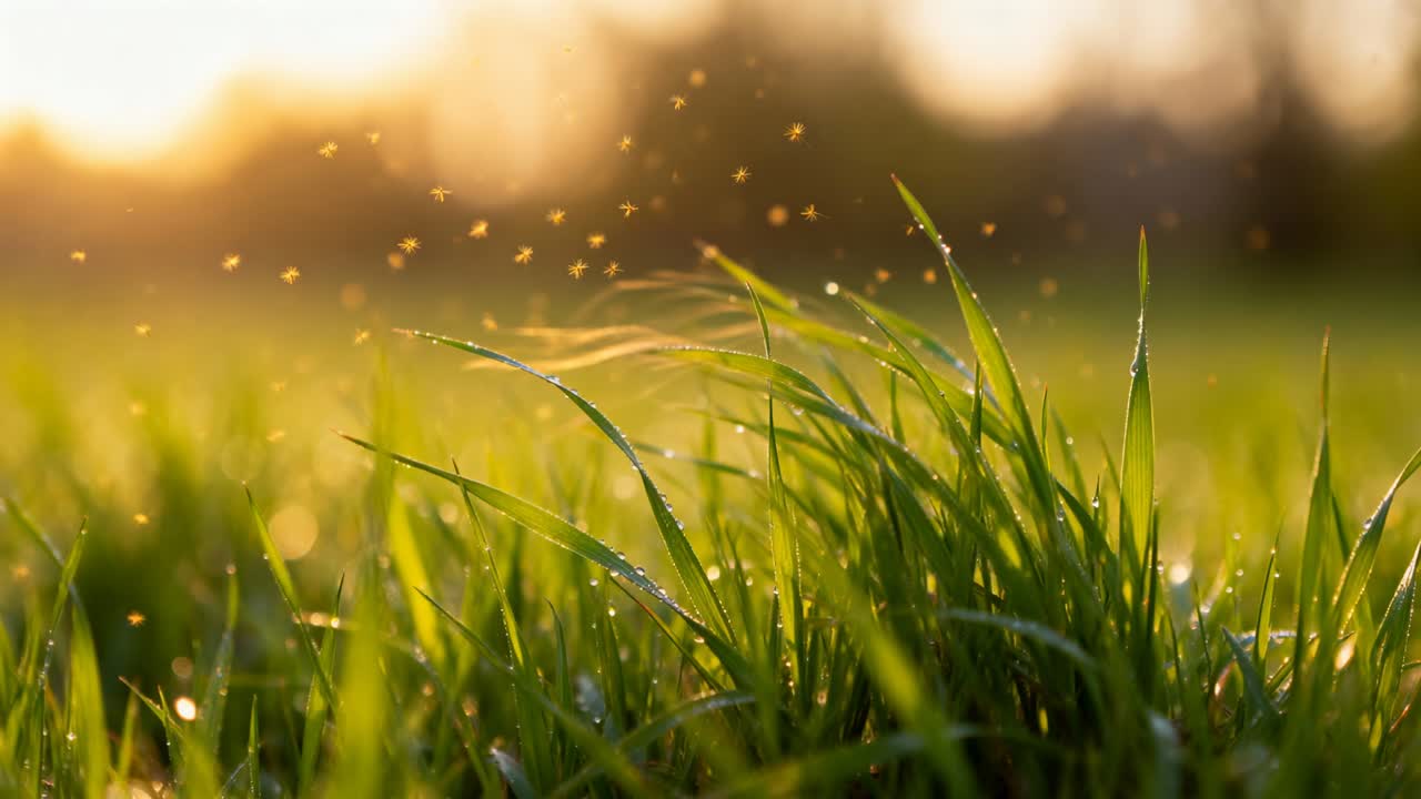 Ciuffo ondeggiante che risplende al sole dorato mentre una leggera brezza solleva goccioline di rugiada e particelle vicino agli alberi.