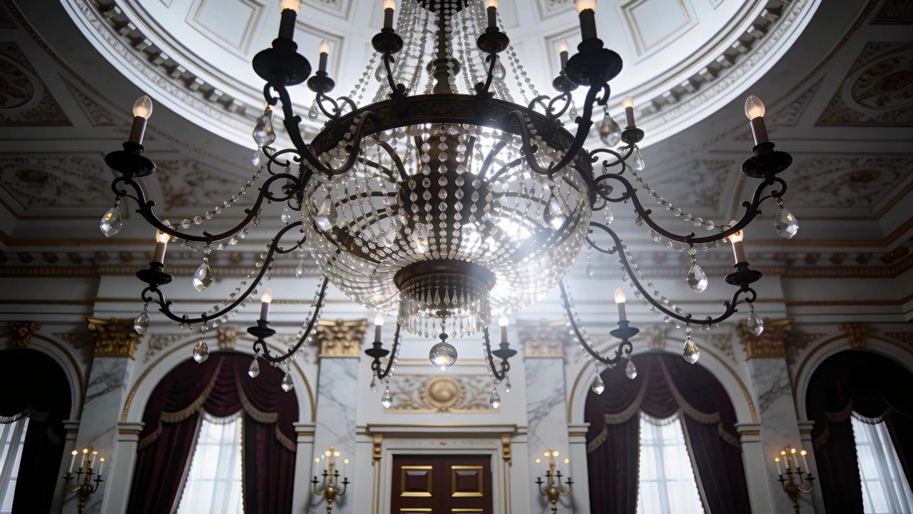Telecamera che si allontana rivelando un lampadario a più livelli sotto un soffitto a cupola in una sala da ballo.