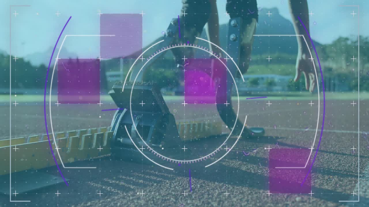 animación del procesamiento de datos digitales sobre un atleta masculino discapacitado con cuchillas de correr en la pista de correr