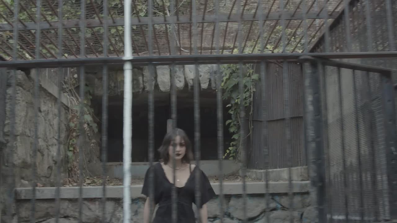Extravagant woman with distinctive dark makeup and black dress crawling in an outdoor animal cage
