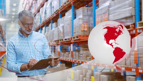 animation of globe with data processing over business people with forklift in warehouse