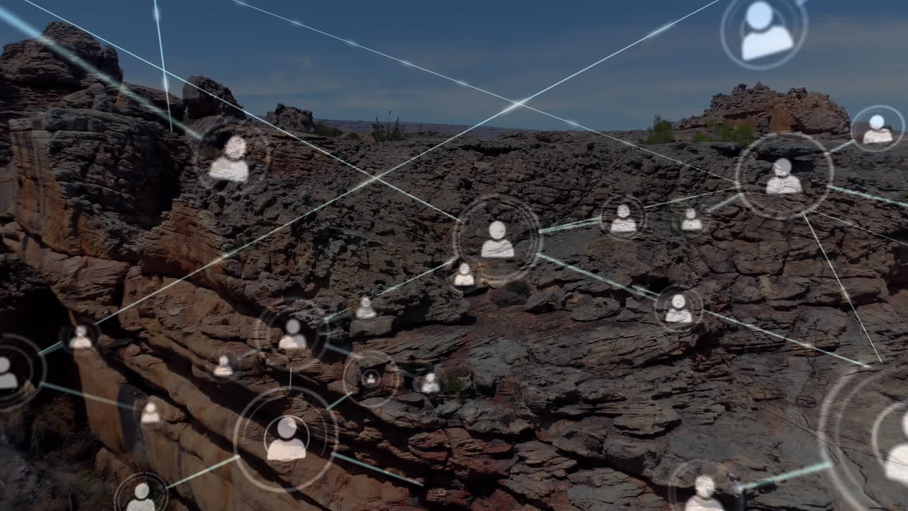 풍경 위의 아이콘으로 연결된 네트워크의 애니메이션