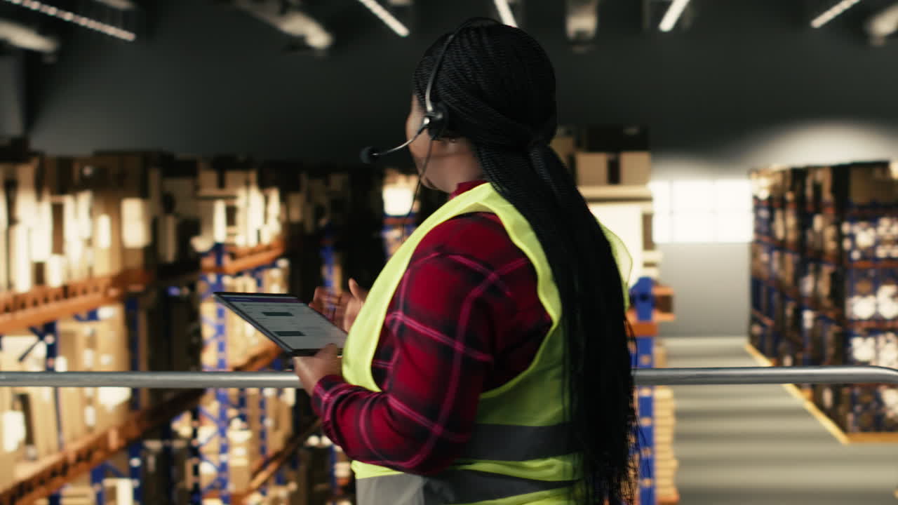 African American Woman Warehouse Worker Using Tablet and Headset
